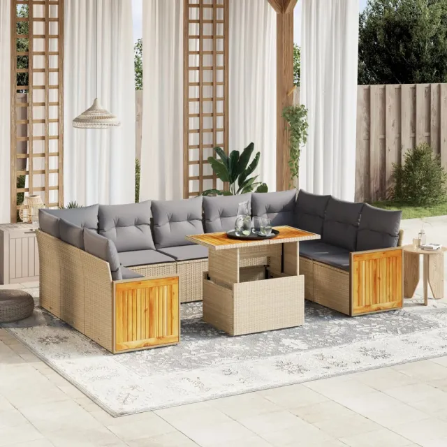 vidaXL 10-delige Loungeset met kussens poly rattan beige, foto 2