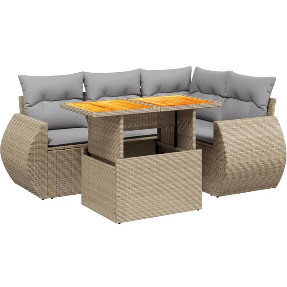 vidaXL 5-delige Loungeset met kussens poly rattan beige, foto 3