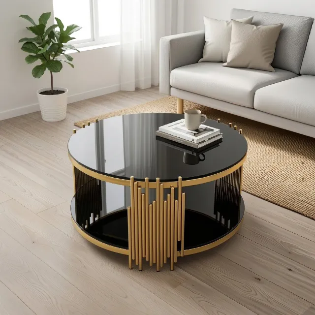 REDOM Salontafel - Rond - Met Twee Niveaus - Modern - Voor Woonkamer - Gehard Glas En Roestvrij Staal - Zwart En Goud Zwart+Goud