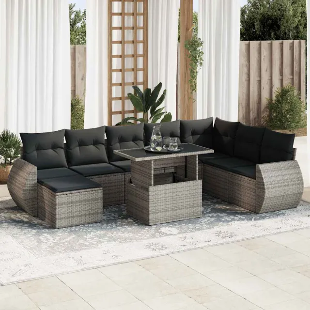 vidaXL 9-delige Loungeset met kussens poly rattan grijs, foto 2