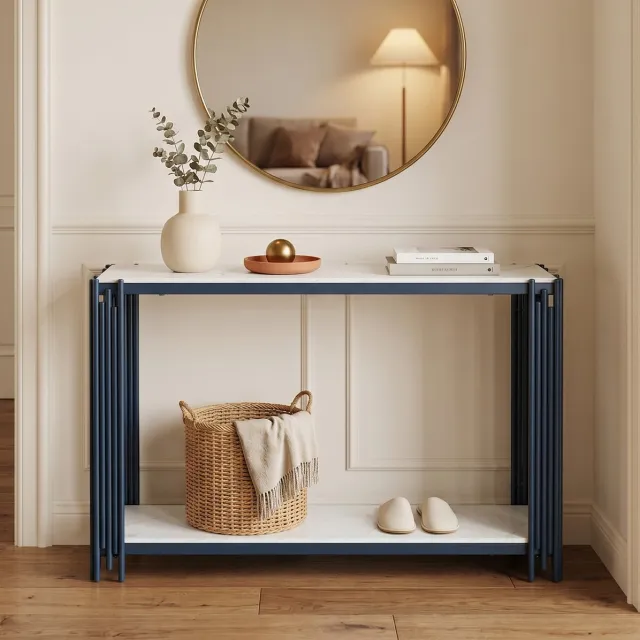 MODENUIT Sidetable 123,5 x 33,5 x 80 cm - 2 Legplanken - Hal en Woonkamer - MDF en Metaal - Wit Zwart
