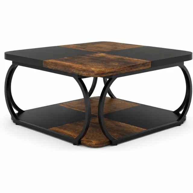 UrbanSelect Salontafel - Koffietafel - Dubbele Opbergruimte - Metalen Frame - Afgeronde Hoeken - Verstelbare Voeten - 99.7 x 99.7 x 50.2cm Bruin