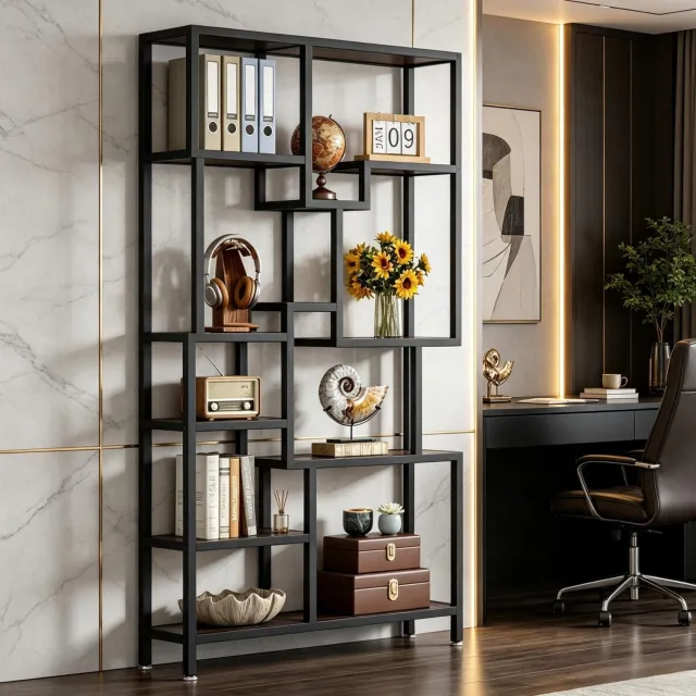 MODENUIT Boekenkast - 7 Open Niveaus - Voor Woonkamer - Metaal en Spaanplaat - Zwart en Bruin - 100x30x180 Cm