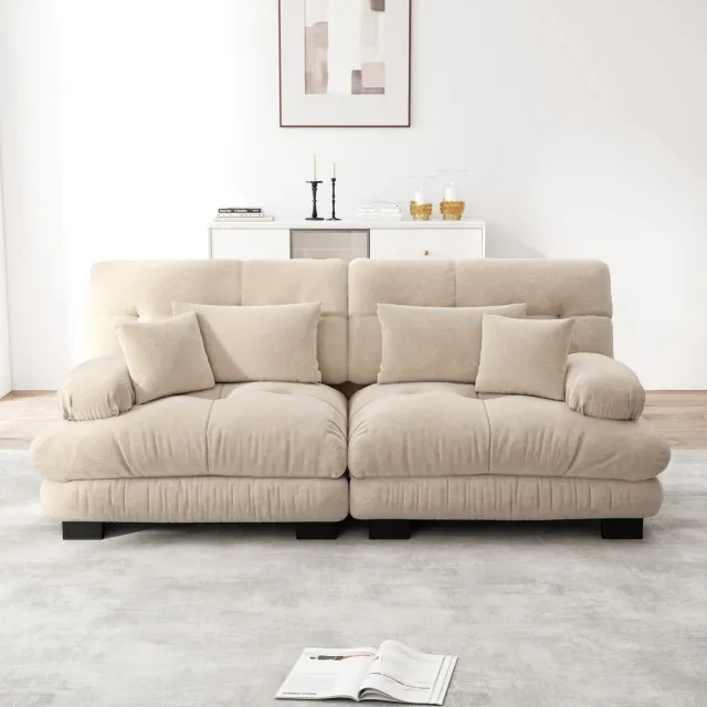 MIVRAY Hoekbank 220 cm - Wolkzachte Chenille 2-Zits Met Lendenkussens - Voor Woonkamer En Lounge - Massief Hout Licht Koffie Lichtbruin