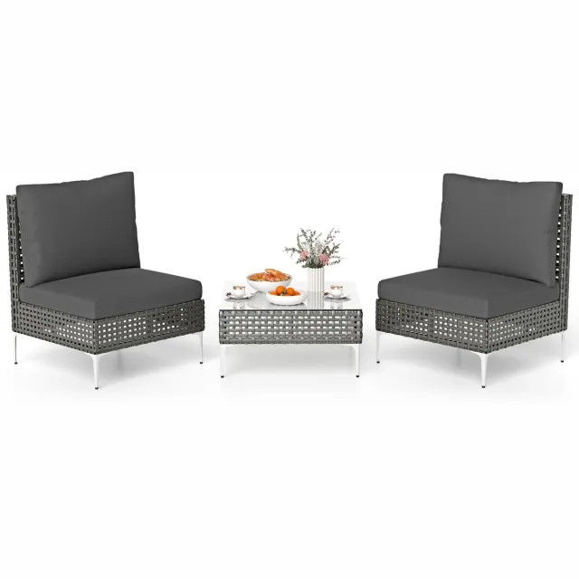 Costway 3-delige tuinmeubelset, PE-rotan balkonmeubelset met 2 stoelen, incl. zitkussen en tafel, terrasmeubel, zitgroep voor tuin, balkon, veranda, grijs