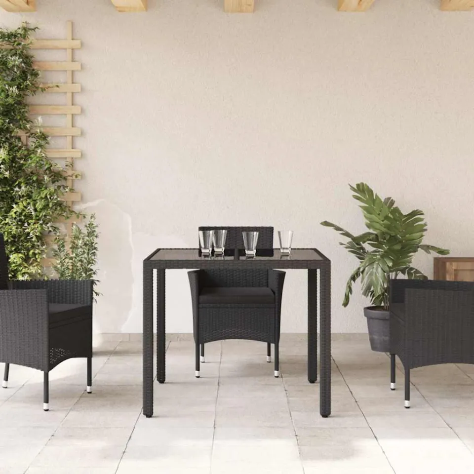 vidaXL Tuintafel met glazen blad 90x90x75 cm poly rattan zwart, foto 3
