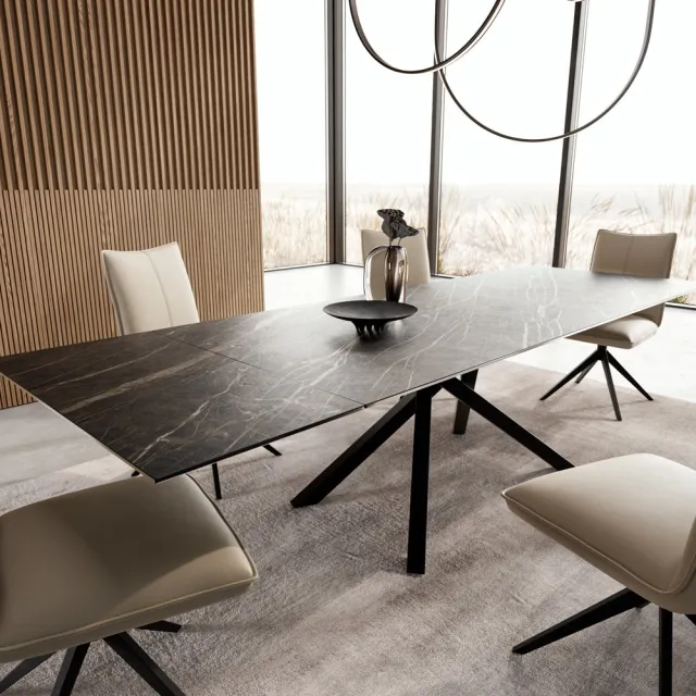 DELIFE Eetkamertafel Edge keramiek Laminam®Noir Desir bruin 200-300x100 kruisframe rechthoek zwart uitschuifbaar