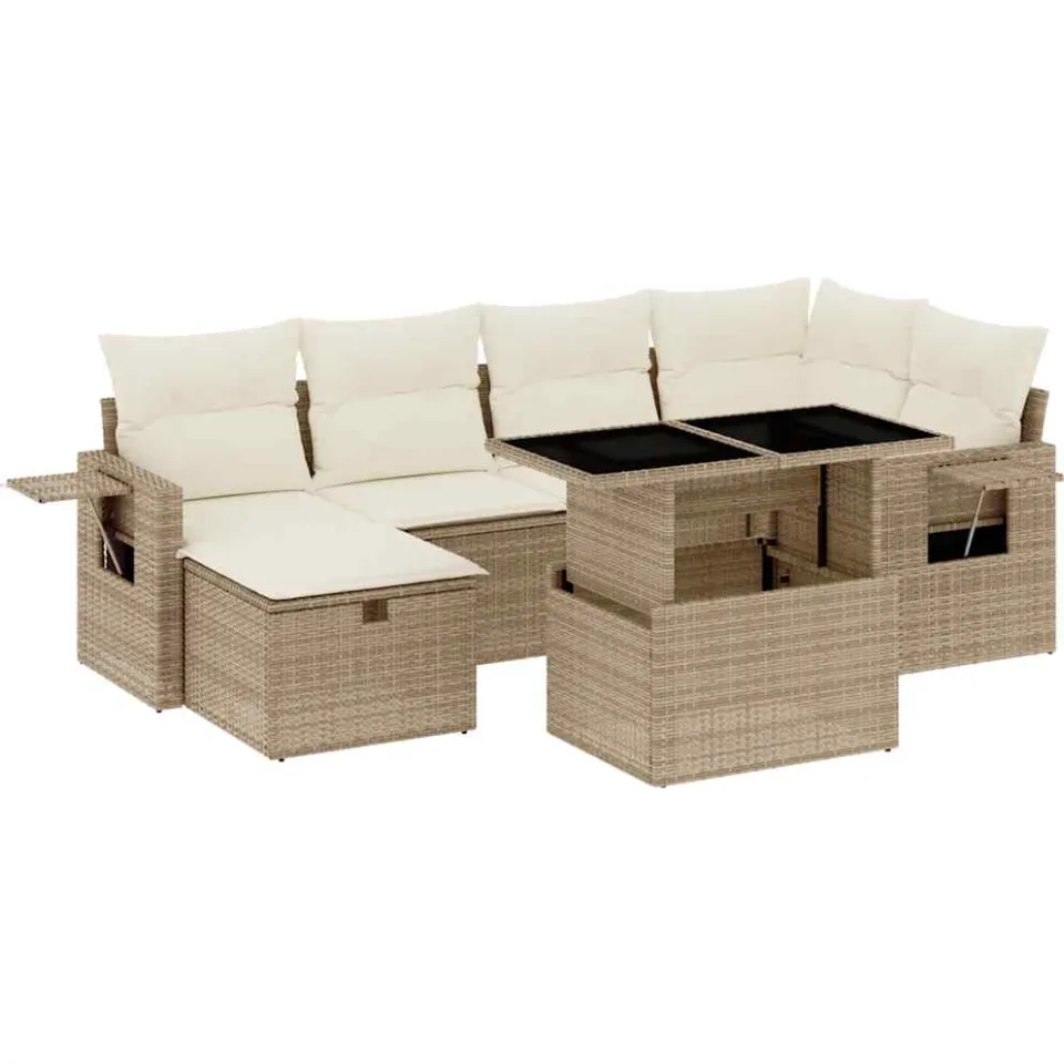vidaXL 7-delige Loungeset met kussens poly rattan beige, foto 3