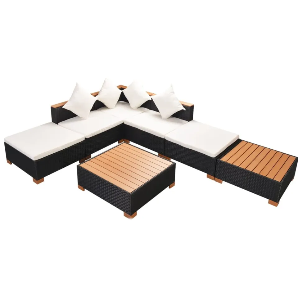 vidaXL 7-delige Loungeset met kussens poly rattan zwart, foto 3