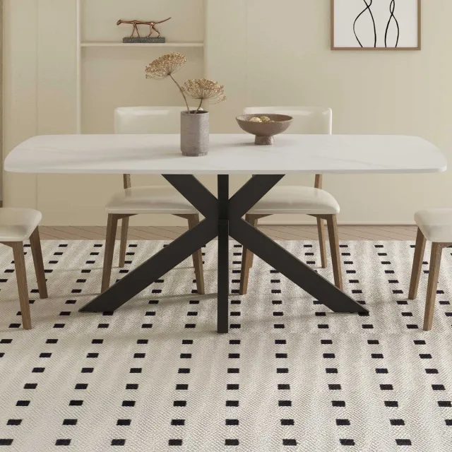 Rousseau Apollo Eettafel – 180 x 90 cm – Deens Ovaal – Wit Stenen Blad met Marmerlook – Zwarte Matrixpoot