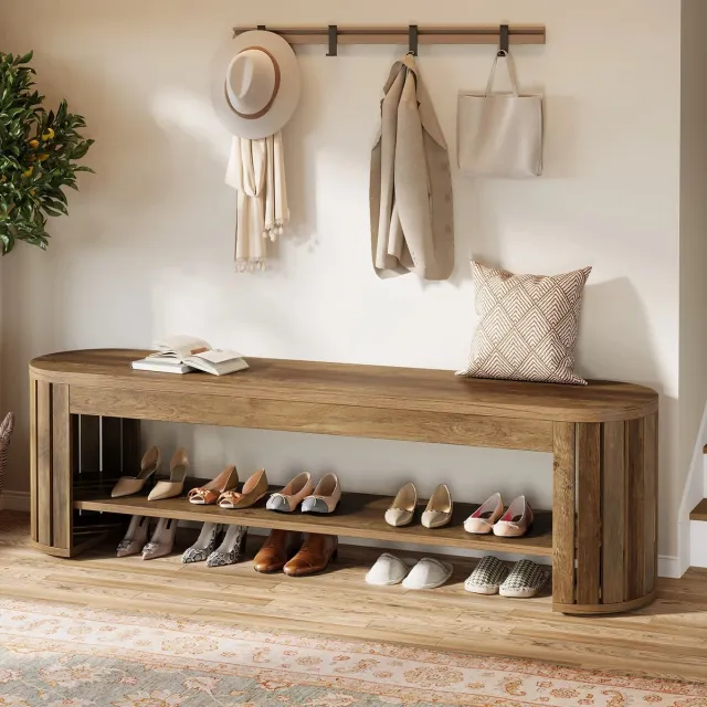 Vivero Schoenenbank - Bankje - Houten bankje - Halkastje - Schoenenrek - Hocker - Design houten entreebank met schoenenopbergruimte - 160x35x45 cm Rustiek hout