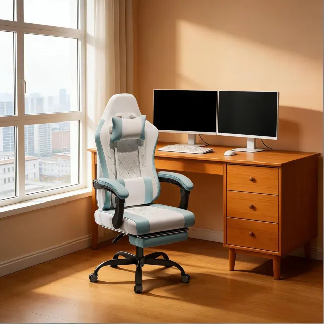 CHICFURN Gamingstoel - Massage-lendenkussen - Hoge rugleuning - Blauw wit