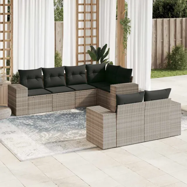 vidaXL 7-delige Loungeset met kussens poly rattan lichtgrijs grijs, foto 2