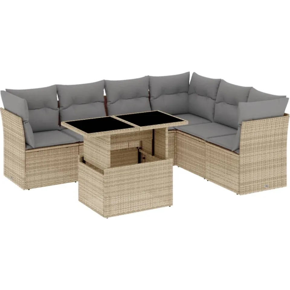 vidaXL 7-delige Loungeset met kussens poly rattan beige, foto 3