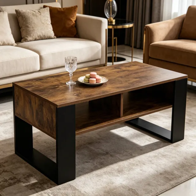 WUVRIE Salontafel 90 x 45 cm - Met 2 open opbergvakken - Zwart/rustiek bruin