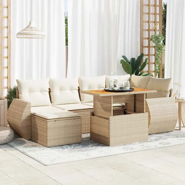 vidaXL 7-delige Loungeset met kussens poly rattan beige, foto 2