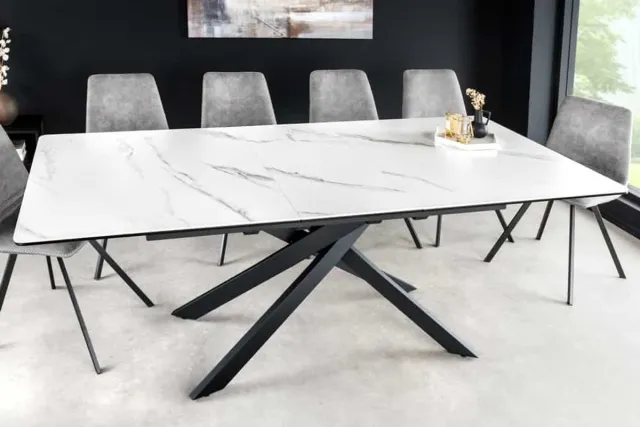 Invicta Interior Uitschuifbare eettafel ALPINE 160-200cm wit keramiek marmer zwart metalen frame - 43844 Zie omschrijving