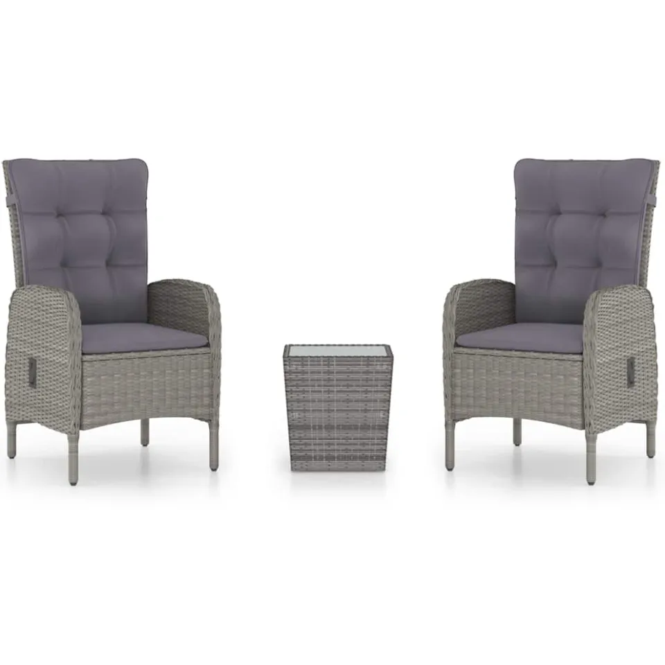 vidaXL 3-delige Bistroset poly rattan en glas grijs, foto 3