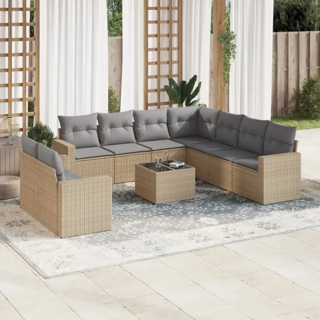 vidaXL 10-delige Loungeset met kussens poly rattan beige, foto 2