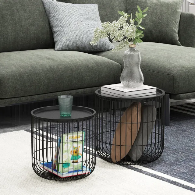 MODENUIT Salontafelset - 2 Ronde Nesttafels Met Opbergruimte - Voor Woonkamer - Staal Zwart - 40 En 35 Cm
