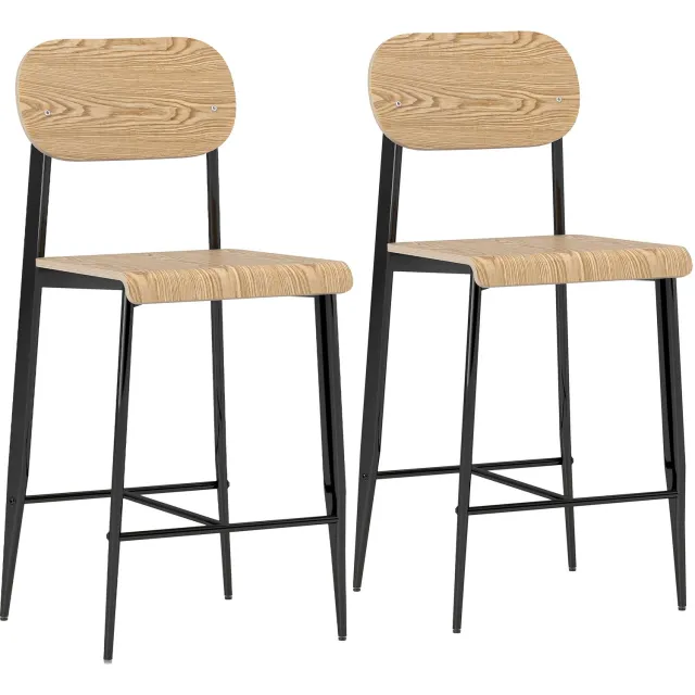 Homona Barhocker 2-delige set - Met rugleuning en voetensteun - 43 x 55 x 103 cm - Natuurlijk hout Lichtbruin