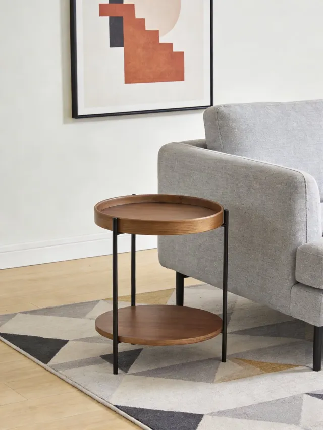 NJLyuhome Home - Ronde 2-laags bijzettafel met metalen frame - Ø44 x 48 cm - MDF met essen fineer - Scandinavisch design walnootkleur