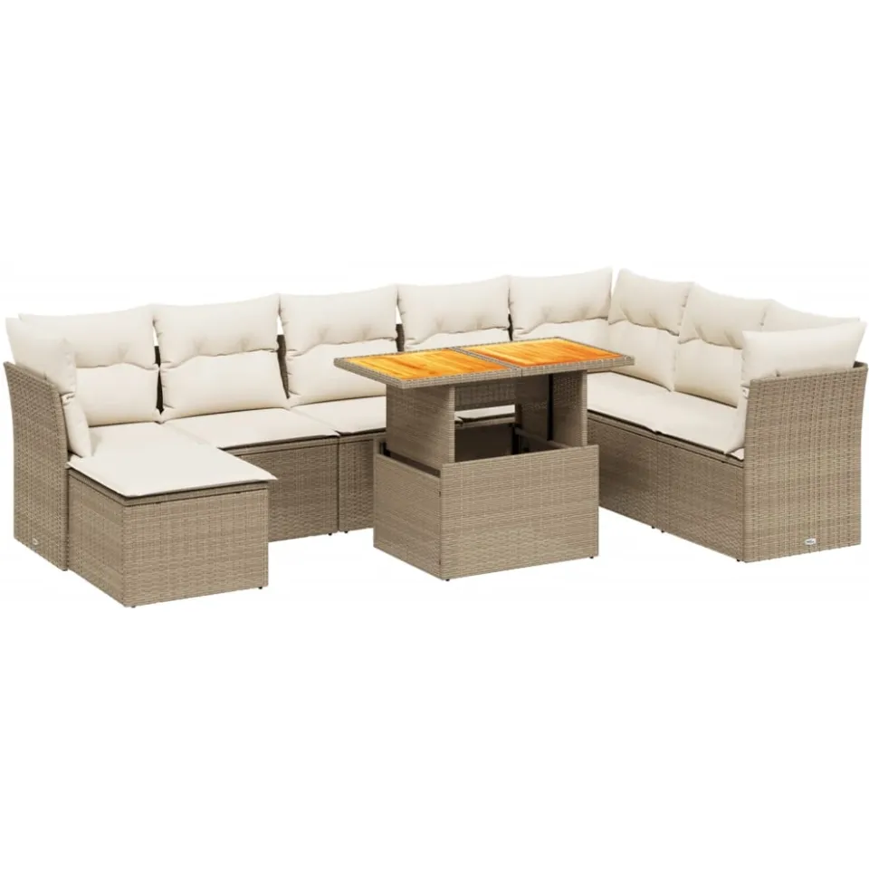 vidaXL 9-delige Loungeset met kussens poly rattan beige, foto 3