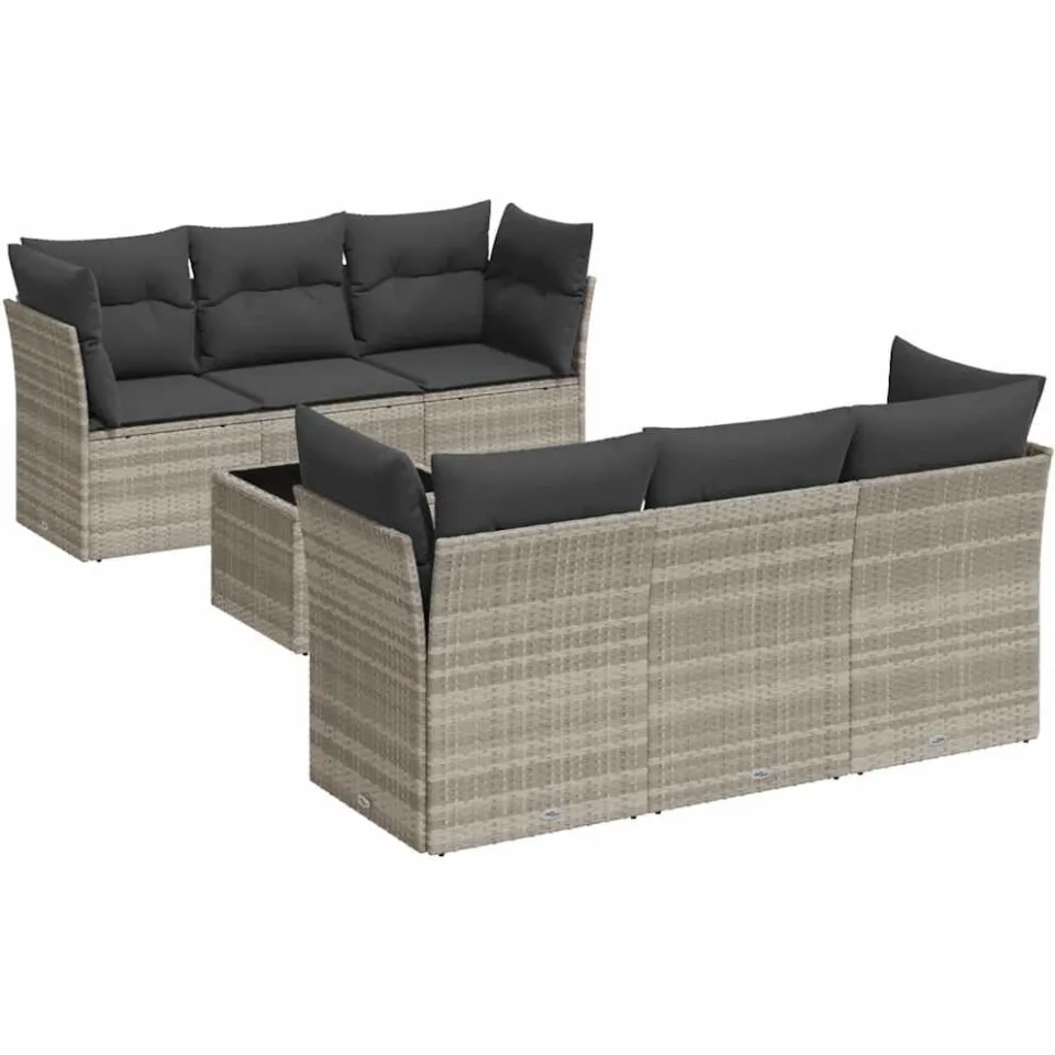 vidaXL 7-delige Loungeset met kussens poly rattan lichtgrijs grijs, foto 3