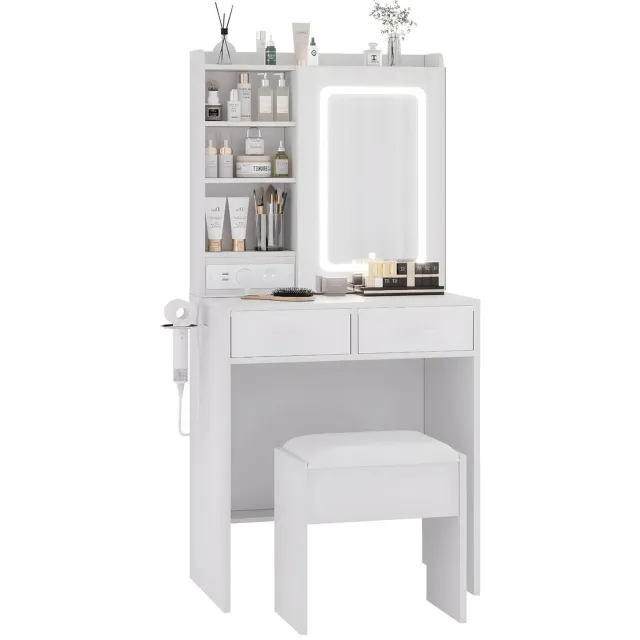 Happiq Make-upbureau Klein - Voor Slaapkamer & Thuis - Kaptafelset met Spiegel, Verlichting, Lade en Stoel - Laadstation Inclusief - WIT White