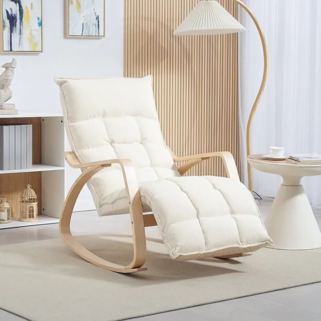 MIVRAY Schommelstoel 67 x 123 x 92 cm - Verstelbare Voetsteun En Zachte Schommelfunctie - Voor Woonkamer En Slaapkamer - Stof Crèmewit