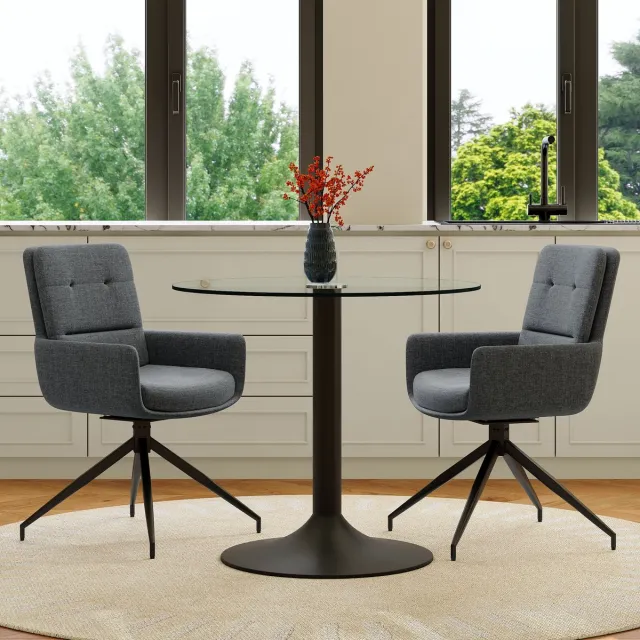 MODENUIT Eettafelset 85 cm - Ronde Tafel met 2 Draaistoelen - Eetkamer - Glas Metaal Stof - Zwart Donkergrijs Zwart, Donkergrijs, Transparant