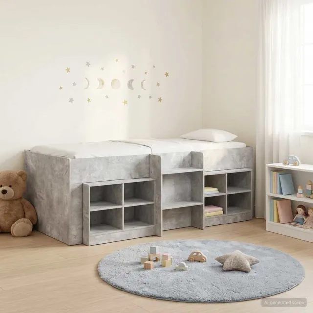 vidaXL Loft Bed Frame met Kast met plank 3 st Betongrijs Bewerkt hout