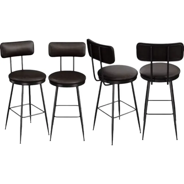 Happiq Barstoel Set 4 Stuks - Modern Design met Rugleuning en Zwarte metalen Poten - Zwart PU Kunstleer - voor Bar Eetkamer Keuken