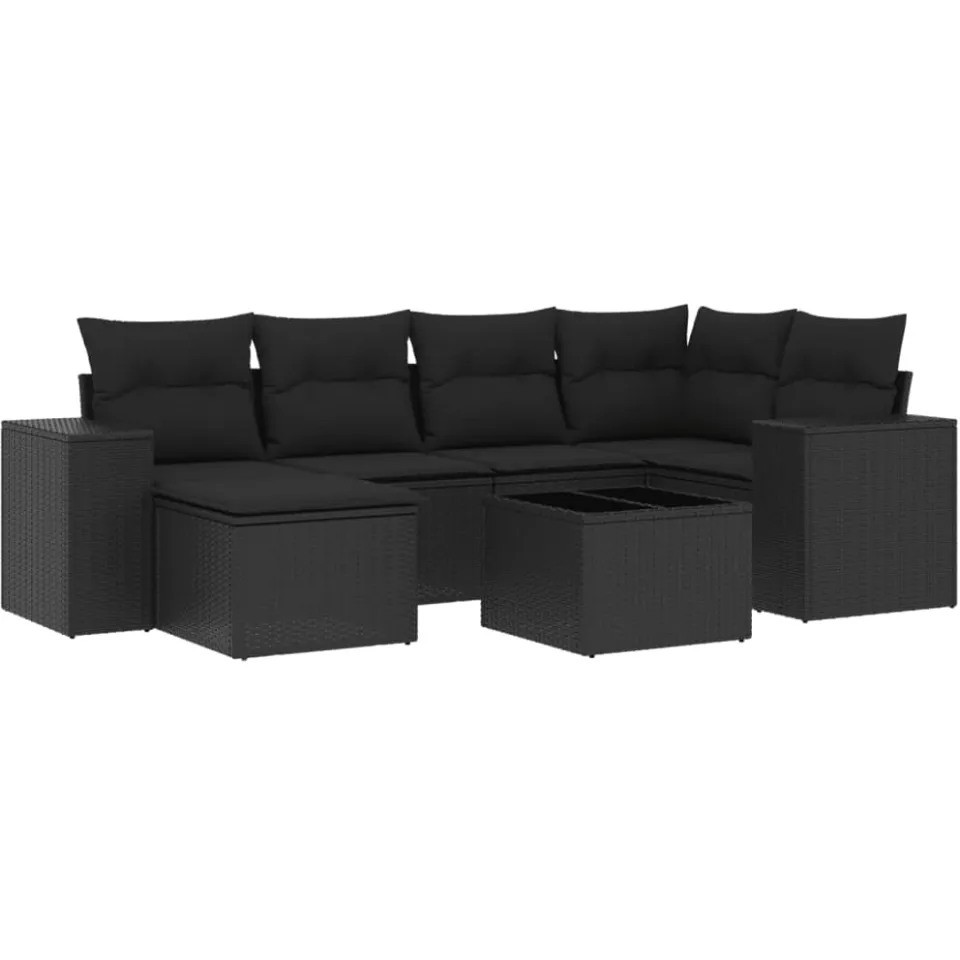 vidaXL 7-delige Loungeset met kussens poly rattan zwart, foto 3