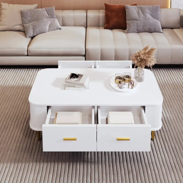 Ropilly Salontafel met 4 Lades - Witte Salontafel met Lades - MDF Salontafel Wit - Gouden Poten - 105x51x38 cm