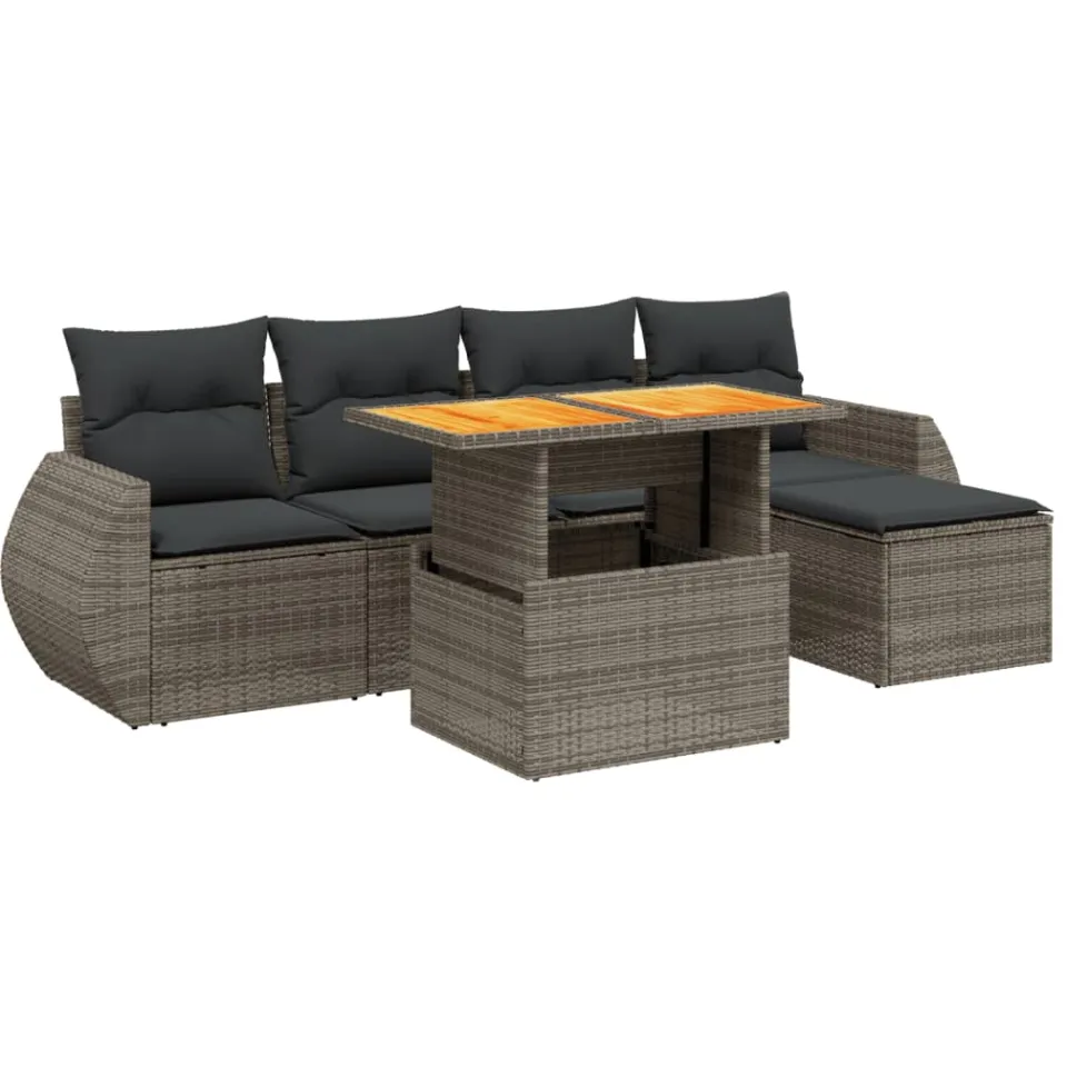vidaXL 6-delige Loungeset met kussens poly rattan grijs, foto 3