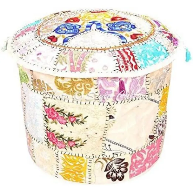 Stylo Culture Voetkruk en poefhoes Ottomaanse poefstoel Wit Etnische geborduurd patchwork katoen Traditionele ronde stof Poef Ottomaanse hoes (16x16x13 inch) 40cm (ALLEEN COVER)
