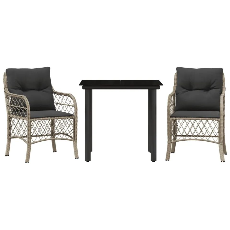 vidaXL 3-delige Bistroset met kussens poly rattan lichtgrijs grijs, foto 3
