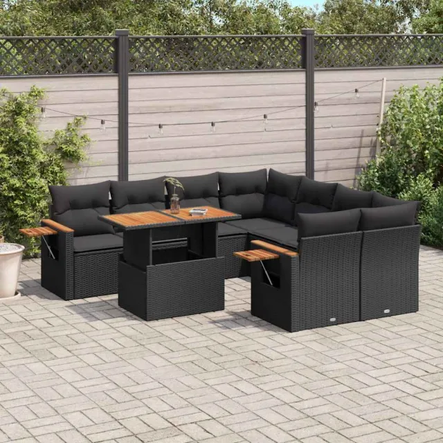vidaXL 9-delige Loungeset met kussens poly rattan zwart, foto 2