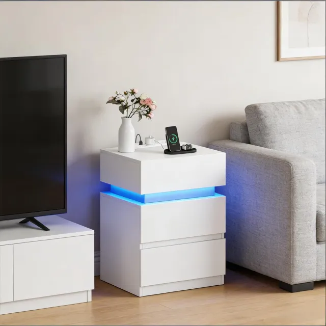 MIVRAY Bedtafel - Met Verstelbare LED Verlichting En Oplaadstation - Voor Slaapkamer En Woonkamer - Hout - Wit - 35x40x55 Cm