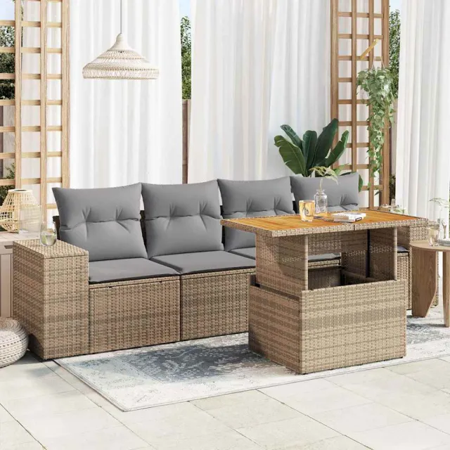 vidaXL 5-delige Loungeset met kussens poly rattan beige, foto 2
