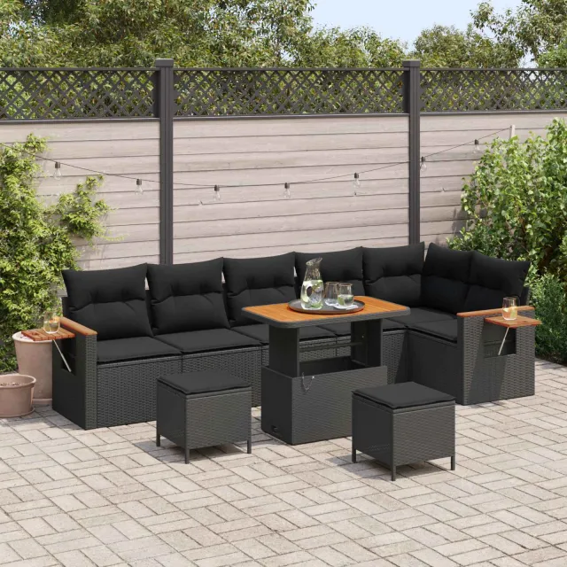 vidaXL Tuinbankenset 9 st Zwart poly rattan, foto 2