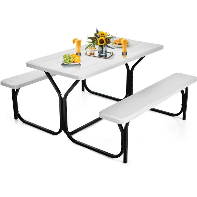Costway Biertentgarnituur, picknicktafel en 2 zitbanken met metalen frame, campingtafelset feesttentgarnituur voor terras, tuin, zwembad, 137 x 150 x 72 cm (wit)