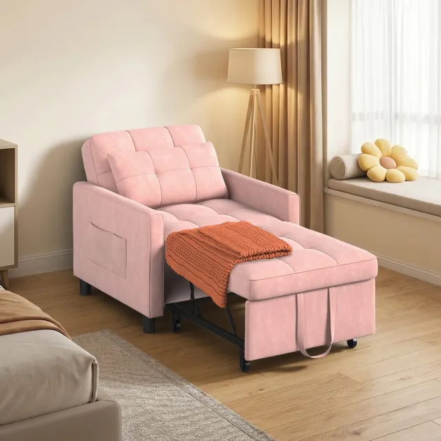 Bealife AR21 Slaapbank 1 Persoons - 3-In-1 Bank met Slaapfunctie - Verstelbare Bedbank - Sofa met Armleuningen voor Woonkamer Slaapkamer Logeerkamer -Roze Roze-AR21