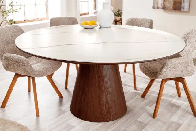 Invicta Interior Ronde eettafel UNIQUE 120cm Wit Bruin Walnoot Hout Keramiek Marmeren Kolom Onderstel - 45144 Zie omschrijving