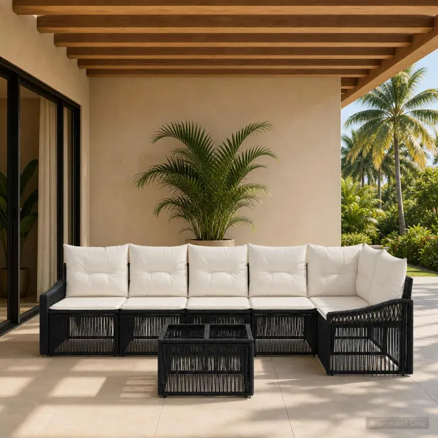 vidaXL Tuinbankenset 7 st 6-zits Zwart poly rattan, foto 2