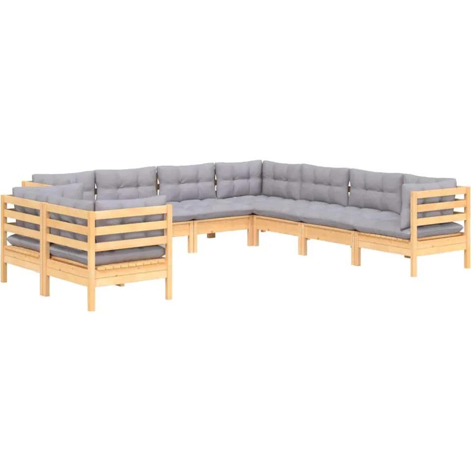 vidaXL 9-delige Loungeset met grijze kussens massief grenenhout Grijs