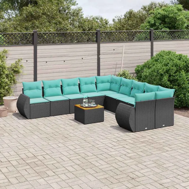 vidaXL 11-delige tuinbankset met kussens, zwart polyrotan, foto 2