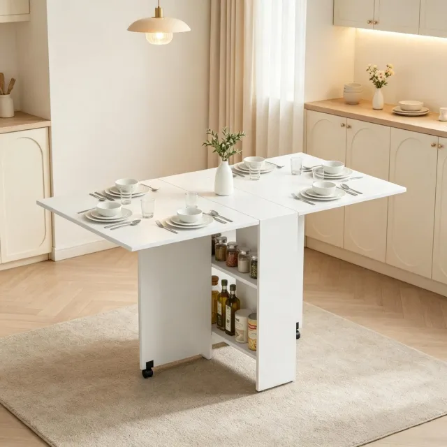FloraGrace Eettafel - Opklapbaar En Uitschuifbaar Met Wielen - Voor Kleine Keuken En Eetkamer - Spaanplaat - 140 x 75 x 74 cm - Wit