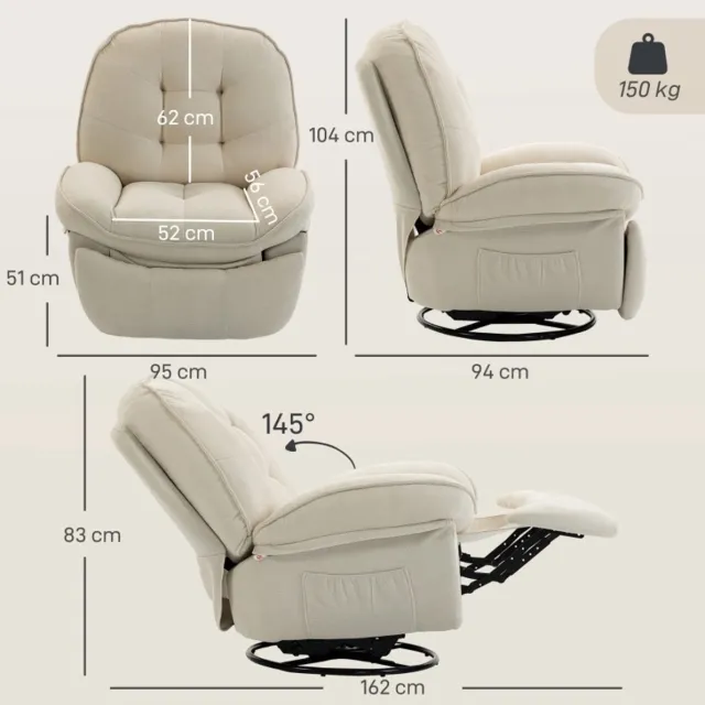 OKWISH Relaxfauteuil 95 x 94 x 104 cm - Handmatig Verstelbaar Met 360° Draaifunctie En Wipfunctie - Voor Woonkamer Of Slaapkamer - Polyester - Crèmewit Cream White